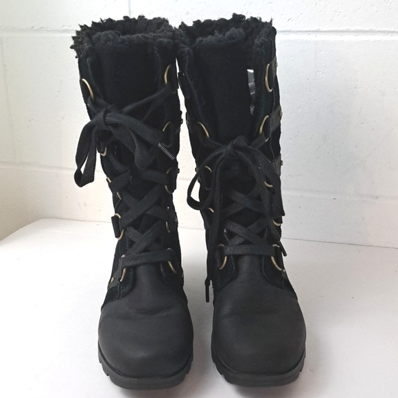 Sorel Emilie Black Leather And Suede Tall Lace-Up Fleece Lined Winter Boots Sz9 - Picture 2 of 12